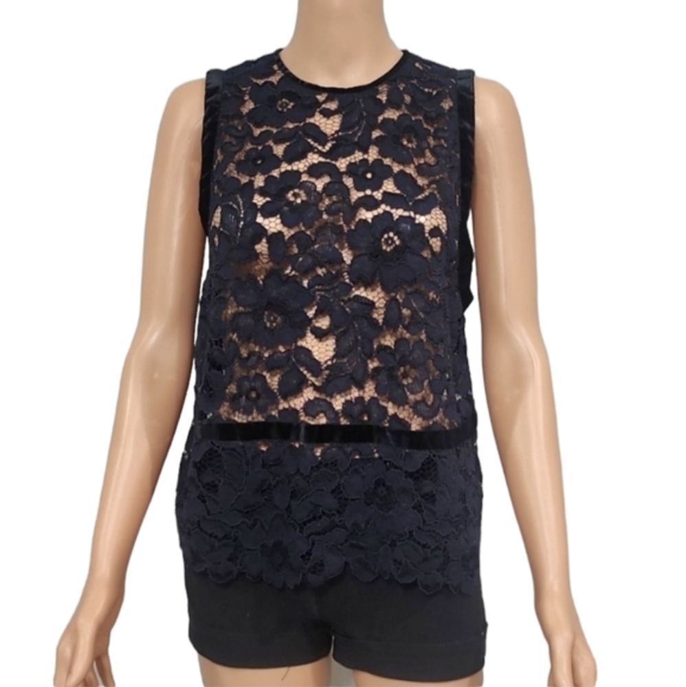LEWIT Women's Sheer Lace Top Navy/black Size M Medium